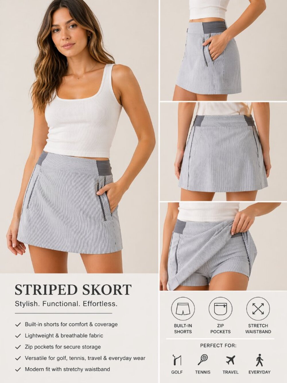 Athleta Women’s Brooklyn 16" Skirt Gray White Striped Golf Four Pockets SZ 2